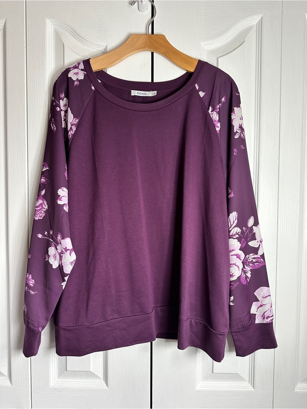 Ricki's Plum Crewneck Top with Floral Raglan Sleeves